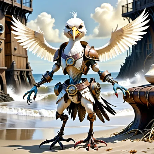 Prompt: Anthropomorphic 
Steampunkesque technology
Muscle bound seabird
---

Under morning sun,  
Seabird graces storied sands—  
Resplendent in form.

---

Elongated legs,  
Supple reeds in zephyrs’ dance—  
Sea's vast embrace calls.

---

Mischief in his eyes,  
Beachgoers’ toil unnoticed—  
Avian voyager.

---

Plumage tousled light,  
Saline breezes bring solace—  
Waves chant his essence.

---

Choreographed grace,  
Wings unfurled in ocean's song—  
Maestro of the shore.

---

Day's vibrant tableau,  
Delights of beachside revels—  
Laughter and salt tang.

---

Fellowship in skies,  
Airborne kin cavort above—  
Cerulean bond.

---

Muscle Beach's arena,  
For robust and brawny strength—  
Whimsical proscenium.

---

Stilts' realm of splendor,  
Statuesque limbs embrace waves—  
Effervescent spirit.
