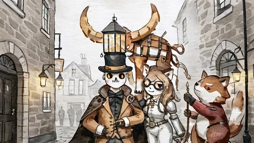 Prompt: Amid cobblestone,
Metallic dragon armor,
Gas lamps flicker bright.

Top hats, goggles gleam,
Elaborate costumes dance,
Street alive with dreams.

A staff’s fiery glow,
Adventure in steampunk air,
Brick buildings bear tales.

Gothic shadows loom,
Beasts in armor stand ready,
Mystery in eyes.

Crossbow in fur coat,
Fox with torch and long rifle,
Skull helm leads the pack.

Wolf holds skulls in hand,
Lion mask with fierce courage,
Dim light, gothic vault.

Ball of musketeers,
Steampunk twist joins old valor,
King's guard fierce and true.

Gallant swordsmen three,
Innovative one appears,
Guardian's cry heard.

Camaraderie,
King’s gift of inventive tools,
Bond of strength renewed.

Court’s festivity,
Blend of chivalry and steam,
Loyal hearts defend.