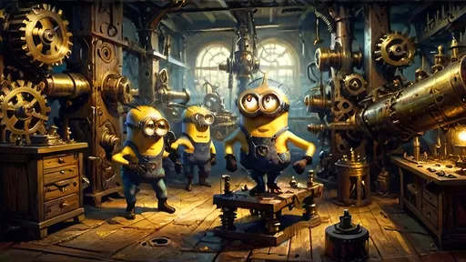 Prompt: A dimly lit workshop filled with dancing shadows cast by flickering lights. The workshop is a hive of activity with minions being crafted from brass and other metals. Spectral logs and bronze cogs are scattered around, and intricate machinery is in the background, creating a sense of trance and enchantment. The overall atmosphere is eerie and mechanical.