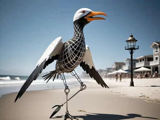 Prompt: Anthropomorphic 
Steampunkesque technology
Muscle bound seabird
---

Under morning sun,  
Seabird graces storied sands—  
Resplendent in form.

---

Elongated legs,  
Supple reeds in zephyrs’ dance—  
Sea's vast embrace calls.

---

Mischief in his eyes,  
Beachgoers’ toil unnoticed—  
Avian voyager.

---

Plumage tousled light,  
Saline breezes bring solace—  
Waves chant his essence.

---

Choreographed grace,  
Wings unfurled in ocean's song—  
Maestro of the shore.

---

Day's vibrant tableau,  
Delights of beachside revels—  
Laughter and salt tang.

---

Fellowship in skies,  
Airborne kin cavort above—  
Cerulean bond.

---

Muscle Beach's arena,  
For robust and brawny strength—  
Whimsical proscenium.

---

Stilts' realm of splendor,  
Statuesque limbs embrace waves—  
Effervescent spirit.
