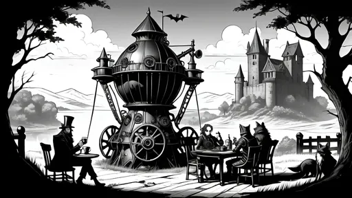 Prompt: Illustrate a dramatic steampunkesque and gothic scene Incorporating a table view dawn coffee break where the characters are enjoying along with crumpets featuring an epic trebuchet and four anthropomorphic blue fox adventurers at dawn. The setting is a dark, shadowed landscape with Dracula's fortress looming ominously in the distance. 

The scene includes:
- **Sebastian:** The sage leader, exuding wisdom and confidence.
- **Alistair:** The sharpshooter, holding a steampunk-style rifle.
- **Finnegan:** The inquisitive engineer, tinkering with the trebuchet mechanisms.
- **Cedric:** The calm medic, ready with a medical kit.

Incorporate a dawn coffee break where the characters are enjoying coffee with an ornately designed steampunkesque mechanical coffee maker and an exquisite carafe, along with crumpets.

The mood is suspenseful, heroic, and atmospheric, blending steampunkesque ingenuity with gothic horror elements. The trebuchet is the focal point, appearing three-dimensional and intricately detailed. The background features towering battlements, ancient castle walls, and eerie atmospheric elements like bizarre bats and shadowy landscapes.

The overall tone should be dark and adventurous, with detailed textures such as rusted metal, worn wood, and fur. The lighting should highlight the glimmering steampunk machinery, the dawn light, and the tense expressions of the characters, creating a cohesive and visually stunning scene."
