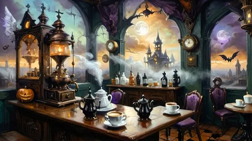 Prompt: An ethereal steampunk coffee bistro in the clouds at twilight, with angels and celestial figures serving coffee. The bistro is adorned with mechanical steampunk elements like antique bronze and copper gradients, along with silver and gold accents. The atmosphere is dreamlike and heavenly, with Halloween elements such as glowing jack-o’-lanterns, phantoms, and eerie Victorian attire. Gothic spires and shadowy ruins appear in the misty landscape, illuminated by stark chiaroscuro lighting. Eerie mists glow in shades of brown, purple, and green, while ornate brass carafes steam with celestial coffee. Angels with shimmering wings and macabre expressions serve patrons under a sky painted in lavender and soft blues. The flooring is made of glowing clouds, and the bistro furniture is airy and translucent, creating a haunting yet serene ambiance.