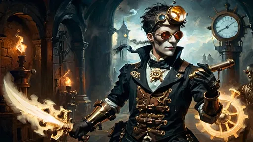 Prompt: A dynamically dramatic steampunkesque scene featuring an anthropomorphic Bal-Bal as an Italian ghoul prince on a battlefield, with a strong emphasis on chiaroscuro lighting. The scene showcases the interplay of light and shadow, creating cinematic depth with soft halos and shadowy edges. The prince is in elegant combat with a Rapier, moving fluidly and gracefully like a dancer, dodging an attack from a zombie-like automated guard. He wields a blunderbuss with finesse, his luciferin eyes glowing with sharp intellect. Brass and copper armor gleams on his form, surrounded by delicate halos. Intricate mechanical elements like gears and pistons subtly move around him. The background is a velvety night, with glowing steam rising from brass chimneys, adding an ethereal, dreamlike quality. An automaton with glowing orange goggles is a central focus, its reflective surface enhancing the light in the scene. The overall mood is mystical and reflective, highlighting the duality of light and dark in this steampunk realm.;;;