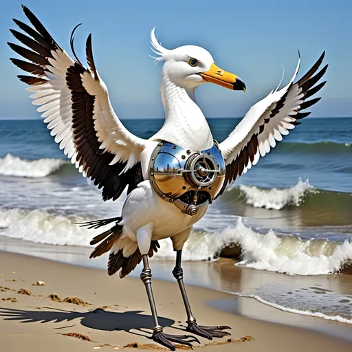 Prompt: Anthropomorphic 
Steampunkesque technology
Muscle bound seabird
---

Under morning sun,  
Seabird graces storied sands—  
Resplendent in form.

---

Elongated legs,  
Supple reeds in zephyrs’ dance—  
Sea's vast embrace calls.

---

Mischief in his eyes,  
Beachgoers’ toil unnoticed—  
Avian voyager.

---

Plumage tousled light,  
Saline breezes bring solace—  
Waves chant his essence.

---

Choreographed grace,  
Wings unfurled in ocean's song—  
Maestro of the shore.

---

Day's vibrant tableau,  
Delights of beachside revels—  
Laughter and salt tang.

---

Fellowship in skies,  
Airborne kin cavort above—  
Cerulean bond.

---

Muscle Beach's arena,  
For robust and brawny strength—  
Whimsical proscenium.

---

Stilts' realm of splendor,  
Statuesque limbs embrace waves—  
Effervescent spirit.
