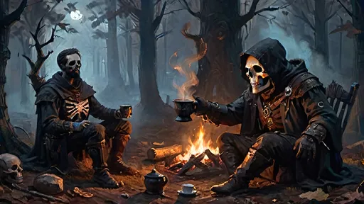 Prompt: A dramatic and tense moment in a dark, foggy forest, where a hunter and a necromancer sit near a flickering campfire. The scene captures the instant when the hunter, clad in dark, weathered armor, hands a steaming cup of coffee to the necromancer. The hunter’s breath is visible in the cold night air, and his gloved hand grips the cup with precision. The necromancer, with a ghoulish countenance and skeletal fingers, reaches out from their patchwork robes adorned with bones and arcane symbols to accept the cup. The campfire casts a spectral glow over the scene, highlighting the detailed steampunk apparatuses and gear scattered around the campsite. Trompe l’oeil techniques are used to create depth and realism, with shadows and light playing intricately across the figures and surroundings, giving the entire scene a three-dimensional, lifelike quality.