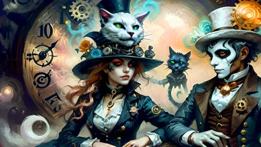 Prompt: In fog's tender grasp
Neo-Victorian streets
Two souls move as one
Warrior in black
Brass gears on alabaster
Eyes sharp as the moon
By her side, a soul
Anthropomorphic guide
Tattooed with the past
He stands resplendent
Colorful hat, white ponytail
Ethereal knight
Funk hues swirl around
Clockwork, gears, and mist combine
Light blooms, shadows dance
Cat with glistening coat
Dances near, a vibrant touch
Whimsy in their quest
In night's soft embrace
Warrior and soul entwined
Dreamlike journey shared