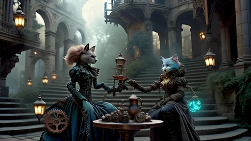 Prompt: Here's the detailed text I used for the image generation:

"Noxalis Awakens: An Ethereal Steampunk Dawn - A scene set in a cobblestone courtyard enveloped in the mist of dawn, featuring crumbling gothic architecture with luciferin lights casting a soft glow. Anthropomorphic feline jesters in elaborate steampunk attire made of brass, copper, and steel are engaged in a graceful ballet. Their costumes include vials and blunderbuss pistols, blending baby blue with antique bronze hues. The scene is serene yet alive with the soft whirring of gears, capturing the ethereal and mechanical coming together in an enchanted, dreamlike atmosphere."