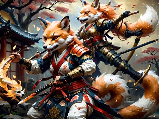 Prompt: Depict Cherry Kitsune, a graceful and fierce anthropomorphic fox warrior. She moves with fluidity and precision, wielding a traditional Japanese naginata. Her armor, detailed with copper and brass, blends Edo-period aesthetics with steampunk elements. The scene is illuminated by multicolor luciferin gradients, creating an ethereal glow in a Japanese dojo or battlefield."
- Style and Mood Tags: Cinematic lighting, fluid movement, traditional Japanese art style, ethereal glow, steampunk fusion