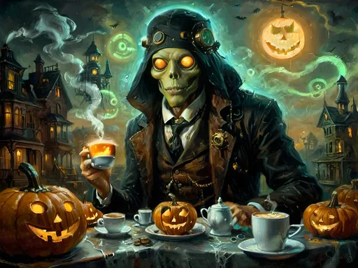 Prompt: A steampunk anthropomorphic alien hosting a midnight coffee party, set under the glowing gaze of hovering jack-o’-lanterns, enveloped in ethereal steam. The scene merges Victorian elegance with mechanical ingenuity, where ghostly guests with spectral visages sip coffee from brass cups. Flickering shadows are cast by distant ruins, and glowing mist curls at the guests' feet. The sound of unseen gears ticking rhythmically fills the air, creating an eerie yet refined atmosphere. The overall scene is a surreal tableau, blending tradition with futuristic artistry, where every element tells a story, from the steampunk decorations to the glowing jack-o’-lanterns, combining Halloween and steampunk aesthetics in a dreamlike setting.