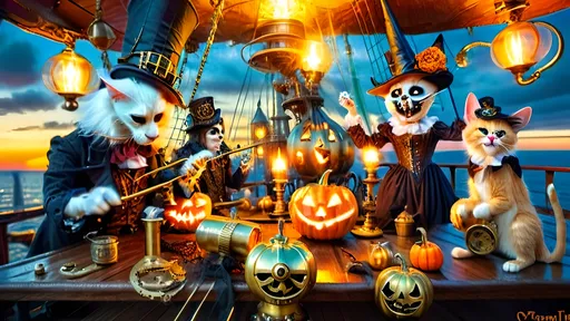 Prompt: Halloween and steampunk fusion scene aboard the mizzen deck of an airship floating in steampunkesque skies during a luciferininfused dusk, polished brass and antique wood deck with bronze glow, metallic rigging, glowing pistons, intricate steampunk gears, magical translucent luciferin gas, blunderbuss’ muzzle flash, saber’s slash, anthropomorphic Felines as 14thcentury jesters, fools, dwarves and acrobats in vibrant pastel steampunk costumes, faces painted red, white, and black, laughing emotions, majestic anthropomorphic siamese Halloweenesque character with glowing pocketsized luciferin hand cannon, youthful ghoulish character in jester costume, devilish youth in pilgrim attire, lavish brunch with Halloween and steampunk decorations, ornate All Hallows' Evethemed coffee service, ornately carved pumpkins into cat faces, gothic lanterns, gothic terrace background with spires, dawn light, chiaroscuro lighting for deep contrasts, ethereal dreamlike glow