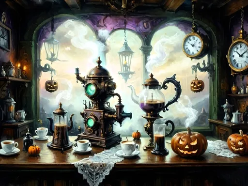 Prompt: ethereal steampunkesque coffee bistro in the clouds with angels and celestials, dreamlike atmosphere with mechanical steampunk elements, antique bronze, copper gradients, silver and gold accents. The space is heavenly and dreamlike, filled with Halloween elements like jack-o’-lanterns, phantoms, eerie Victorian attire, and a gothic twist. There are shadowy ruins and misty landscapes under stark chiaroscuro lighting, with eerie mists glowing in shades of brown, purple, and green. Celestial beings in fun macabre Victorian attire with ornate brass coffee makers and carafes add to the scene's whimsical yet haunting atmosphere.