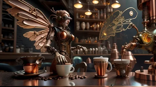 Prompt: A bio-mechanical close-up view focusing on the glowing wings of a brass and copper bio-Sprite Waiter serving coffee at The Winged Bean. The scene highlights mechanical textures, intricate gears, and tubes on the Sprite Waiter. A detailed coffee cup is visible in the foreground as it's being served to a mechanical patron, who is designed with gears and copper components. The warm dawn light illuminates the scene, while the misty, whimsical steampunk bistro atmosphere adds to the charm. The combination of organic and mechanical elements creates a magical steampunk setting.