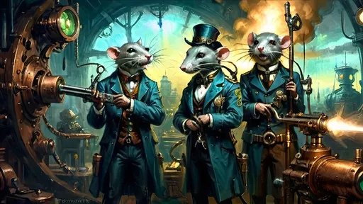 Prompt: In the world of steampunkesque civilization,  
Anthropomorphic kind,  
Mechanized rat gang fights,  
Bloodcurdles in the air,  
Their fine detail shines,  
With unique weapons' glare.  
**Anthropoid Dreamscape**  
Copper sinews writhe,  
Phantoms of destiny,   
Mechanized rats clash.  
**Heroic Enervescence**  
Pistons echo brave,  
Anthropomorphic might,  
Valor's glow abloom.  
**Luminescent Silhouettes**  
Shadows dance aglow,  
Spectral elegance wafts,  
An eerie ballet.  
**Synergistic Fusion**  
Silver and gold dance,  
Ethereal opulence,  
In a world's embrace.  
**Temporal Ephemerality**  
Careful hues unfold,  
Dreamlike focus gleams within,  
In spectral twilight.  
**Action’s Transmutation**  
Muzzle flash sparks fight,  
Techno-gadgets pulse and light,  
Vivid scenes ignite.  
**Delicate Vicissitude**  
Machinery's details,  
Negative space softly breathes,  
In mystic allure.  
**Ephemeral Resonance**  
Breath of old and new,  
Pneumatic whispers rise,  
In sepia's hue.  