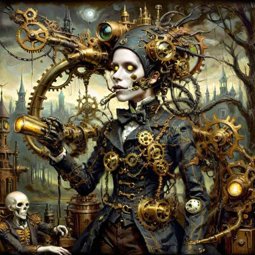 Prompt: Anthropomorphic
Sentient technological
Steampunkesque, ghoulish
In eldritch machine
Gears entwined with bone do creak
Specter of brass reigns
Blunderbuss of dread
Phosphorescent gleam ignites
Sinister light glows
Gothic spires crumble
Smoggy tendrils coil in gloom
Clockwork mists enshroud
Ethereal brass forests
Steam hums through shadows
Lanterns cast divine
Machinery’s holy light
Hope mingles with dread
Victorian cogs
Clash with demonic gears
Salvation’s struggle
Wings of copper gleam
Reach towards celestial brass
Figures in conflict
Steam-driven phantoms
Eyes aglow in iron mist
Haunt faded visions
Metal trees twist, writhe
Surreal grotesques dance, contort
Symbols darkly gleam
Mesmeric tableau
Serenity meets the void
Steampunk’s haunted grace
Warm brass kisses cold
Ominous steel’s embrace tight
Worlds in balance hang
Salvation, perdition
Machined, organic entwine
Sinisterly Gleam
Celestial gears turn
In limbo’s ethereal haze
Forests breathe in steam