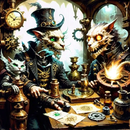 Prompt: ### Haiku Series: Steampunk Gothic Elegy
**I. Gloomy Sanctum's Veil**  
In hoary sanctum,  
Crumbling relics of dread,  
Shadows writhe and coil.  
**II. Flickers of Dismay**  
Eerie glimmers wane,  
Brass mechanisms bespeak  
Of rust's cruel decay.  
**III. Feline Warriors' Grit**  
Worn, sinewy forms,  
Anthropomorphic knights stride,  
Gear-clad audacity.  
**IV. Weapons Poised to Strike**  
In tattered espers,  
Blunderbusses starkly gleam,  
Eyes aglow with might.  
**V. The Pseudo-Drake Calls**  
Scales tarnished yet grand,  
Mechanical wyrm exhales  
Ominous green light.  
**VI. Menace in the Depths**  
Skeletal beast looms,  
Gears grating in sable night,  
Malevolence waits.  
**VII. Tension in the Air**  
Ominous foreboding,  
Gothic horror intertwines,  
Impending conflict.  
### Closing Reflection  
Eloquent shadows dance,  
In this steampunk reverie,  
Darkness meets the flame.  