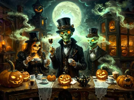 Prompt: A steampunk anthropomorphic alien hosting a midnight coffee party, set under the glowing gaze of hovering jack-o’-lanterns, enveloped in ethereal steam. The scene merges Victorian elegance with mechanical ingenuity, where ghostly guests with spectral visages sip coffee from brass cups. Flickering shadows are cast by distant ruins, and glowing mist curls at the guests' feet. The sound of unseen gears ticking rhythmically fills the air, creating an eerie yet refined atmosphere. The overall scene is a surreal tableau, blending tradition with futuristic artistry, where every element tells a story, from the steampunk decorations to the glowing jack-o’-lanterns, combining Halloween and steampunk aesthetics in a dreamlike setting.