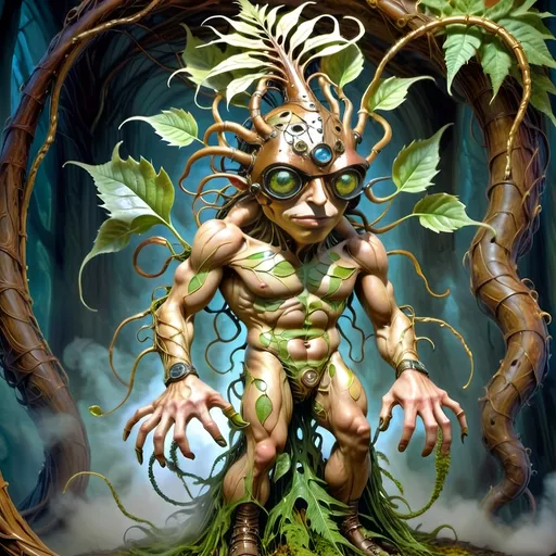 Prompt: Awakening to a world of grass and fog, this anthropomorphic marvel found itself a being of intricate design, its form fashioned from a mosaic of verdant foliage. Each leaf, a distinct contour sculpted by nature's hand, now melded seamlessly into a living, breathing tapestry of existence.

As consciousness unfurled like the delicate fronds of a fern, the anthropomorphic leaf creature's very veins pulsed with the lifeblood of intricate leaf veins, an organic network etched upon its frame - a convergence of the botanical and the mechanical. Its eyes, twin orbs of luminous intent, searched the room with an inquisitive gleam, conveying a depth of emotion that belied its leafy visage.

Donned in steampunk attire fashioned from woven textured foliage, the creature's appearance was a blend of rustic charm and whimsical elegance. The supple fabric of its leaf clothing whispered softly with each movement, granting it a tactile semblance of the sturdy yet comforting embrace of leather, exposed skin as dried leaves.

Thus, in this wondrous amalgamation of flora and function, the steampunkesque creature stood -eye contact and interaction a relaxed posture, a marvel of artistry and ingenuity, a testament to the boundless creativity that flourished in the realm where the natural world and the fantastical collide.
