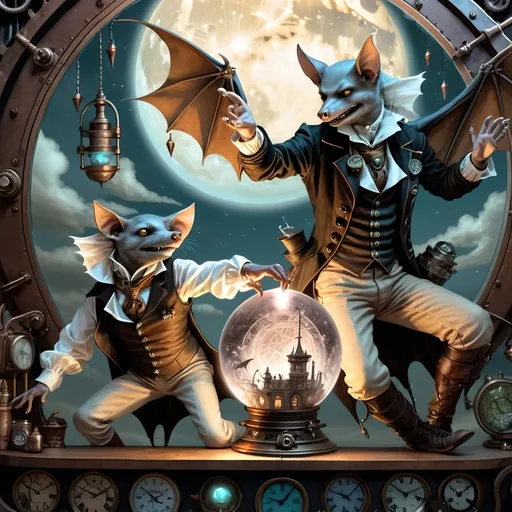 Prompt: Within arcane realms,  
Anthropomorphic bat-bodied figures glide,  
Unfurled wings sweeping through twilight skies.  
In the heart of the commune, amidst steampunk wonders,  
Three bat boys embark on a daring adventure.
Clutching a crystal ball  
Its vivid world encapsulated within,  
A steampunk elder reflects,  
Embracing the ethereal with knowing eyes.  
Trompe L'oeil’s whispered spell,  
Warlock's alchemy, and ancient intrigues guide them. Prehensile devil fleshy arrowhead shaped tail tips
Luciferin hues dance in the air,  
Psychedelic flames casting an otherworldly glow,  
Smoke weaving mystical tales of yore.  
The boys, undeterred, stop and have full steampunk coffee service, milk art coffee break,  move forward,  
Their high-top sneakers, a blend of leather and copper,  
Pounding the rugged terrain with determined strides.
Amidst the expansive panorama,  
Nature's flame essence glows,  
Revealing the fantasy world unfolding.  
Each step brings new perils,  
Each flutter of their wings a brush with fate.
High above, the stars bear silent witness,  
To their bravery and camaraderie,  
In the face of overwhelming odds.  
Bound by duty and a brotherhood unspoken,  
They carve their path through the heart of the commune,  
Their journey just beginning in this steampunked twilight.
With enhanced fingers tracing ancient maps,  
Expressive eyes searching for the next clue,  
They press forward into the unknown,  
Their bond a beacon in a world fraught with danger.  
Through the shimmering veil of smoke and flame,  
The adventure of three bat boys,  
Against all odds,  
Continues into the night.