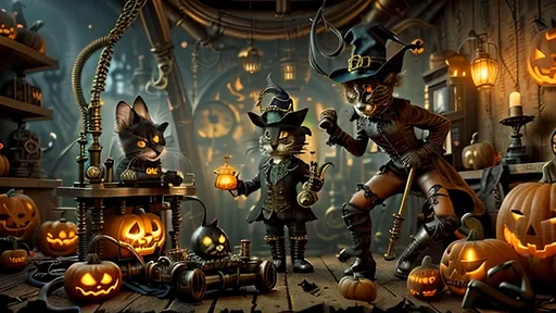 Prompt: trio of anthropomorphic kittens in steampunk Halloween toy factory, Victorian leather and copper attire, ghost hunting apparatus, brass gears, ornate brass blunderbusses, oversized Doc Martens, jester masks, sinister grins, jack-o’-lanterns, eerie masks, shadowy phantoms, gothic spires, blue and green glowing steam pipes, chiaroscuro lighting, glowing mist, modern steampunk devices, silk and brass textures