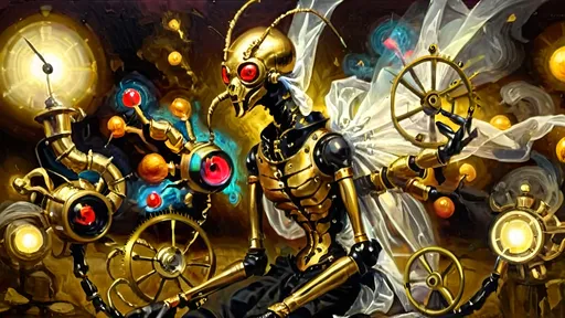 Prompt: Anthropomorphic
Sentient scorpion invader 
Steampunkesque, technologic
Flash, luciferin
Blunderbuss flash brass entwined
Eschatological 
Gossamer veils drift
Chitin glistens, brass entwines
Arcane elegance
Luciferin orbs
Multicolor glow ensnares
Mystical regent
Mist enshrouds the form
Segmented metal gleams bright
Clockwork heart in bronze
Pistons breathe life’s breath
Cogs and gears in soft embrace
Vitality forged
Negatives carve grace
Phong light blooms in copper hues
Refined majesty