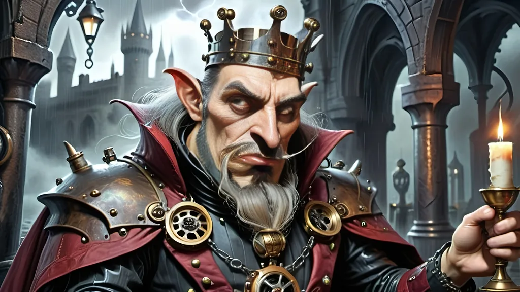 Prompt: In the chilling realm of dark command,  
Anthropomorphic king in siege,  
Golden goblets filled with coffee grand,  
To serve the steampunked league.
Through corridors of dread and fear,  
Where shadows dance with gargoyle's might,  
In gothic gears and enchantments drear,  
The king awaits the coming fight.
His regal cape of crimson hue,  
Amidst the storm and lashing rain,  
Anthropomorphic bats, in crescent swoon,  
Crossbows poised with deadly aim.
Upon the battlements they stand,  
Dracula’s gaze, a chilling sight,  
In steampowered grace, a dark demand,  
His realm aglow with eerie light.
Machinery groans with dark intent,  
Metal entwines with magic's bane,  
As trebuchets in darkness, bent,  
Prepare to breach the domain.
Through the whirling storm they press,  
Defenders tense, the siege at hand,  
In a Gothic tale of dark distress,  
Where steampunk and dread command.
In the clash of bronze and copper gleam,  
Gothic horrors meet the day,  
A macabre symphony, a darkened dream,  
In the realm where shadows play.
So unfolds the king's dark verse,  
Steeped in steampunk's cursed allure,  
Anthropomorphic sovereign's curse,  
In a gothic saga, dread and pure.