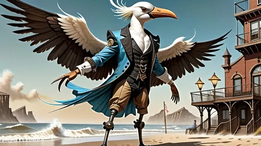 Prompt: Anthropomorphic 
Steampunkesque technology
Muscle bound seabird
---

Under morning sun,  
Seabird graces storied sands—  
Resplendent in form.

---

Elongated legs,  
Supple reeds in zephyrs’ dance—  
Sea's vast embrace calls.

---

Mischief in his eyes,  
Beachgoers’ toil unnoticed—  
Avian voyager.

---

Plumage tousled light,  
Saline breezes bring solace—  
Waves chant his essence.

---

Choreographed grace,  
Wings unfurled in ocean's song—  
Maestro of the shore.

---

Day's vibrant tableau,  
Delights of beachside revels—  
Laughter and salt tang.

---

Fellowship in skies,  
Airborne kin cavort above—  
Cerulean bond.

---

Muscle Beach's arena,  
For robust and brawny strength—  
Whimsical proscenium.

---

Stilts' realm of splendor,  
Statuesque limbs embrace waves—  
Effervescent spirit.
