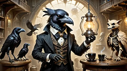 Prompt: In a symphony of creativity, Edgar Allen Croe, the anthropomorphic crow poet, finds inspiration in the mysterious tale of "Extraterrestrial light, Anthropoid remains linger." Alongside a troupe of five Shakespearian skeletal saber-toothed cats, they embrace the macabre elegance and steampunkesque grace, fueled by the cherished taste of coffee. Together, they craft a narrative where imagination meets ancient secrets, and in the morning's embrace, stories pulse and glow with a blend of darkness and serenity. This is where fiction and reality intertwine, where the unearthly and the imaginative converge in a dance of light and shadows, guided by Edgar's quill and the fervor of their shared pursuit of storytelling.