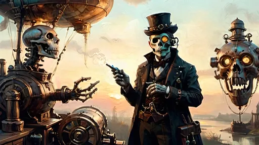 Prompt: An ethereal, steampunk-inspired scene set in the tender light of dawn, featuring a combination of elements from an extended haiku. The image includes an anthropomorphic, technological zombie with a steampunk aesthetic, surrounded by blunderbuss muzzle flashes and deep shadows. Nearby, an effulgent automaton with copper bones gleams softly in the morning light, alongside an ethereal beast with a whispering mechanical heart. Leather and gears intertwine in skeletal designs, embraced by a lucent mist. Shadows dance around a mystic airship with silvery accents, while a dragon bathed in pastel hues hovers in the tender dawn. The scene also includes a mechanized sea beast aloft with twilight metal gleaming, airships trembling in the sky, and a luminous monster steeped in steampunk reverie. Verdigris and gold reflect the early light, with mist glowing subtly with magic, creating a serene, dreamlike atmosphere.