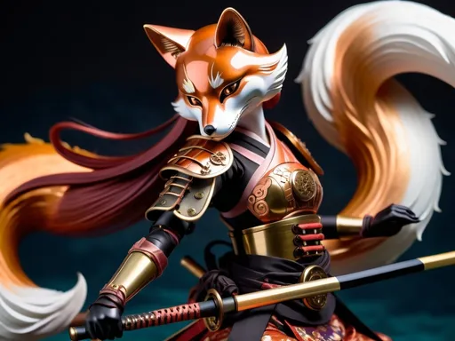 Prompt: Depict Cherry Kitsune, a graceful and fierce anthropomorphic fox warrior. She moves with fluidity and precision, wielding a traditional Japanese naginata. Her armor, detailed with copper and brass, blends Edo-period aesthetics with steampunk elements. The scene is illuminated by multicolor luciferin gradients, creating an ethereal glow in a Japanese dojo or battlefield."
- Style and Mood Tags: Cinematic lighting, fluid movement, traditional Japanese art style, ethereal glow, steampunk fusion