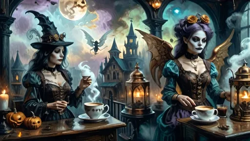 Prompt: An ethereal steampunk coffee bistro in the clouds at twilight, with angels and celestial figures serving coffee. Patrons bustling.  The bistro is adorned with mechanical steampunk elements like antique bronze and copper gradients, along with silver and gold accents. The atmosphere is dreamlike and heavenly, with Halloween elements such as glowing jack-o’-lanterns, phantoms, and eerie Victorian attire. Gothic spires and shadowy ruins appear in the misty landscape, illuminated by stark chiaroscuro lighting. Eerie mists glow in shades of brown, purple, and green, while ornate brass carafes steam with celestial coffee. Angels with shimmering wings and macabre expressions serve patrons under a sky painted in lavender and soft blues. The flooring is made of glowing clouds, and the bistro furniture is airy and translucent, creating a haunting yet serene ambiance.