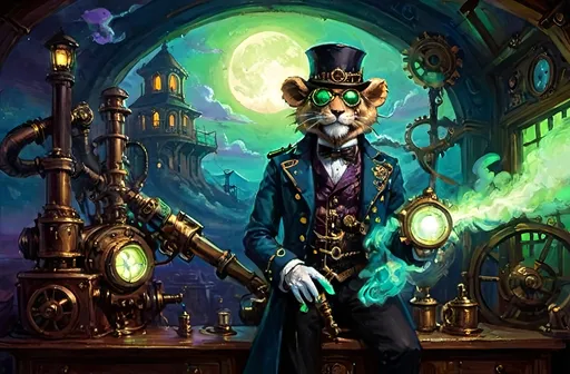 Prompt: A dynamic, heroic graphic novel scene featuring a steampunk adventure under luciferin black light. Leo Brasspaw, an anthropomorphic lion in 19th-century steampunk attire, glowing under black light, wields a Dragon’s Blunderbuss with mystical blue-green luciferin energy. His son Zephyr in matching attire, accented by crimson and lavender. Crimson oasis background, twilight sky, mechanical guardians with golden glowing gears. Skyship Horizon, a glowing airship with luciferin lights. Mouse in monocle observing from a shadowy attic corner, with moonlight casting patterns. Sharp contrasts, mystical atmosphere with blue-green, gold, crimson, and lavender highlights.