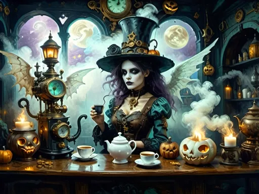 Prompt: ethereal steampunkesque coffee bistro in the clouds with angels and celestials, dreamlike atmosphere with mechanical steampunk elements, antique bronze, copper gradients, silver and gold accents. The space is heavenly and dreamlike, filled with Halloween elements like jack-o’-lanterns, phantoms, eerie Victorian attire, and a gothic twist. There are shadowy ruins and misty landscapes under stark chiaroscuro lighting, with eerie mists glowing in shades of brown, purple, and green. Celestial beings in fun macabre Victorian attire with ornate brass coffee makers and carafes add to the scene's whimsical yet haunting atmosphere.