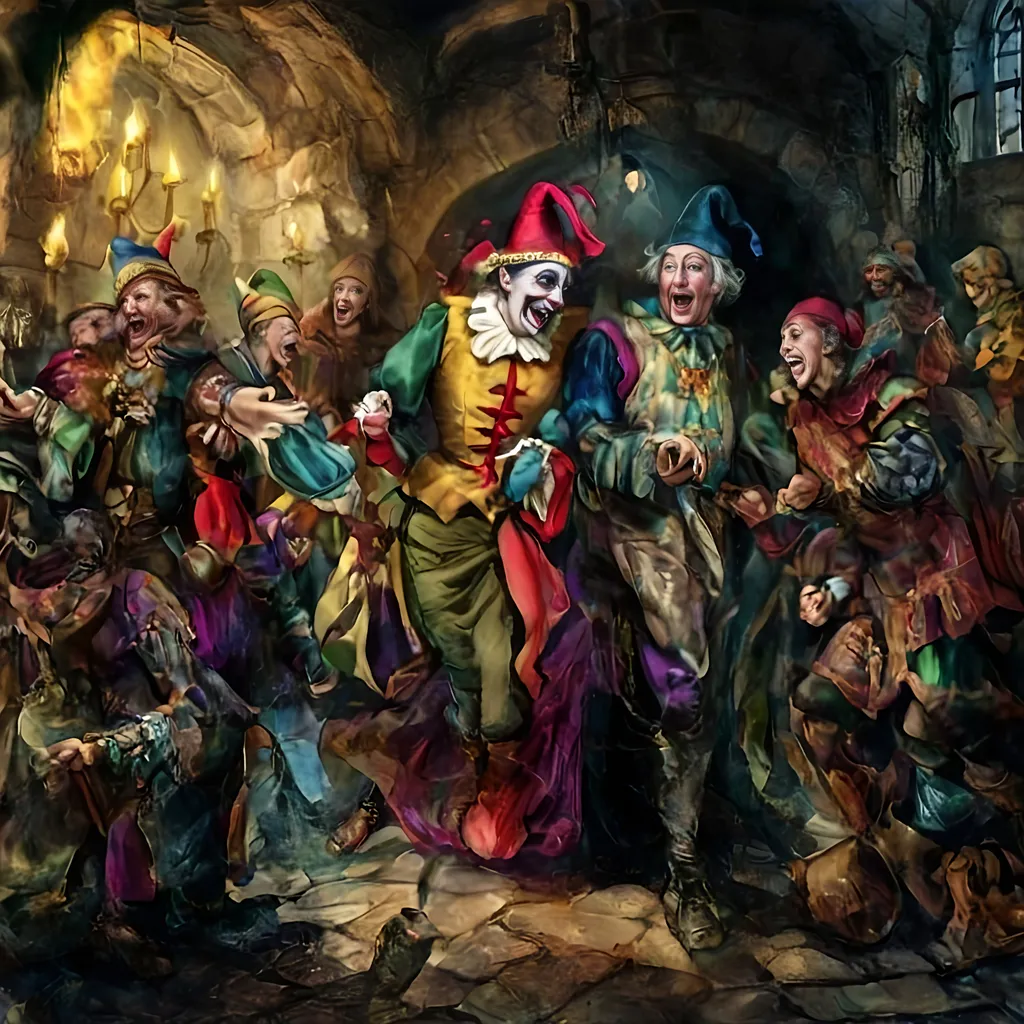 Prompt: #### I. The Motley Band
Once jocund Quibble,  
Favored jester, found solace  
With his motley troupe.

#### II. Unique Talents
Five talents diverse,  
Jangle’s nimble feats astound,  
Merry’s voice enchants.

#### III. Whirlwind of Mirth
Tumble's antics wild,  
Gleek’s mimicry turns knights soft,  
Color, joy they bring.

#### IV. Courtly Sojourns
Through verdant pastures,  
They traverse, perform for all,  
Lords, merchants, and serfs.

#### V. The Stern Duke's Court
At Duke Henry’s court,  
Somber faces challenge them,  
Yet they strive with zeal.

#### VI. Eliciting Smiles
Quibble leads with charm,  
Witty tales and jests delight,  
Laughter slowly spreads.

#### VII. Accidental Faux Pas
Servant spills his wine,  
Quibble’s mimicry amiss,  
Duke's ire does ignite.

#### VIII. The Duke's Wrath
“What insolence here!”  
The Duke’s voice thunderous,  
Troupe's hearts heavy sink.

#### IX. The Somber Night
By the fire they rest,  
Quibble’s heart with sorrow swells,  
Loyal troupe consoles.

#### X. Resolute Spirits
“New court awaits us,”  
Merry's lute with hope resounds,  
Together they stand.

#### XI. A New Dawn
In a kinder court,  
They perform unmarred by fear,  
Quibble’s smiles grow true.

#### XII. Eternal Jest
Laughter ever bright,  
Shared journey strengthens their bond,  
Jesters to the end.
