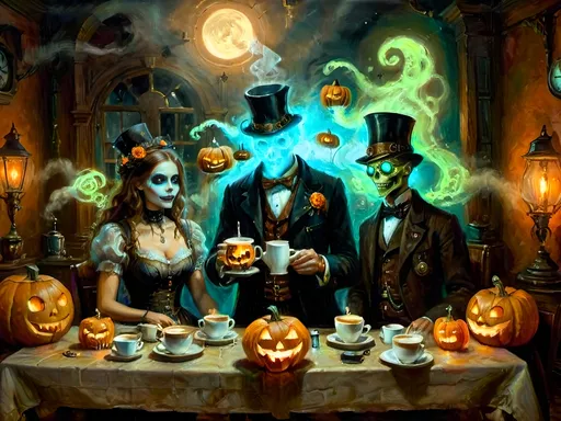 Prompt: A steampunk anthropomorphic alien hosting a midnight coffee party, set under the glowing gaze of hovering jack-o’-lanterns, enveloped in ethereal steam. The scene merges Victorian elegance with mechanical ingenuity, where ghostly guests with spectral visages sip coffee from brass cups. Flickering shadows are cast by distant ruins, and glowing mist curls at the guests' feet. The sound of unseen gears ticking rhythmically fills the air, creating an eerie yet refined atmosphere. The overall scene is a surreal tableau, blending tradition with futuristic artistry, where every element tells a story, from the steampunk decorations to the glowing jack-o’-lanterns, combining Halloween and steampunk aesthetics in a dreamlike setting.