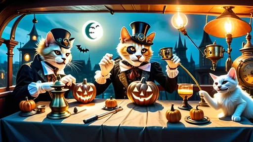 Prompt: Halloween and steampunk fusion scene aboard the mizzen deck of an airship floating in steampunkesque skies during a luciferininfused dusk, polished brass and antique wood deck with bronze glow, metallic rigging, glowing pistons, intricate steampunk gears, magical translucent luciferin gas, blunderbuss’ muzzle flash, saber’s slash, anthropomorphic Felines as 14thcentury jesters, fools, dwarves and acrobats in vibrant pastel steampunk costumes, faces painted red, white, and black, laughing emotions, majestic anthropomorphic siamese Halloweenesque character with glowing pocketsized luciferin hand cannon, youthful ghoulish character in jester costume, devilish youth in pilgrim attire, lavish brunch with Halloween and steampunk decorations, ornate All Hallows' Evethemed coffee service, carved pumpkins cat faces, gothic lanterns, gothic terrace background with spires, dawn light, chiaroscuro lighting for deep contrasts, ethereal dreamlike glow