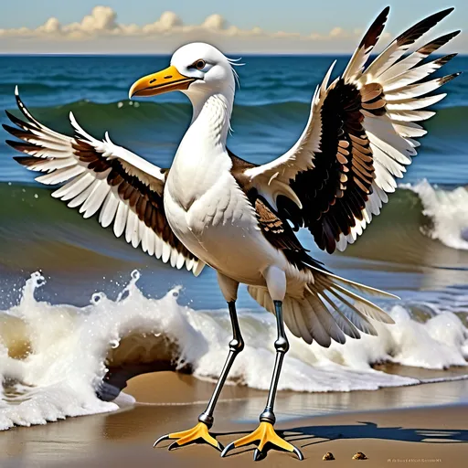 Prompt: Anthropomorphic 
Steampunkesque technology
Muscle bound seabird
---

Under morning sun,  
Seabird graces storied sands—  
Resplendent in form.

---

Elongated legs,  
Supple reeds in zephyrs’ dance—  
Sea's vast embrace calls.

---

Mischief in his eyes,  
Beachgoers’ toil unnoticed—  
Avian voyager.

---

Plumage tousled light,  
Saline breezes bring solace—  
Waves chant his essence.

---

Choreographed grace,  
Wings unfurled in ocean's song—  
Maestro of the shore.

---

Day's vibrant tableau,  
Delights of beachside revels—  
Laughter and salt tang.

---

Fellowship in skies,  
Airborne kin cavort above—  
Cerulean bond.

---

Muscle Beach's arena,  
For robust and brawny strength—  
Whimsical proscenium.

---

Stilts' realm of splendor,  
Statuesque limbs embrace waves—  
Effervescent spirit.
