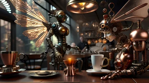 Prompt: A bio-mechanical close-up view focusing on the glowing wings of a brass and copper bio-Sprite Waiter serving coffee at The Winged Bean. The scene highlights mechanical textures, intricate gears, and tubes on the Sprite Waiter. A detailed coffee cup is visible in the foreground as it's being served to a mechanical patron, who is designed with gears and copper components. The warm dawn light illuminates the scene, while the misty, whimsical steampunk bistro atmosphere adds to the charm. The combination of organic and mechanical elements creates a magical steampunk setting.