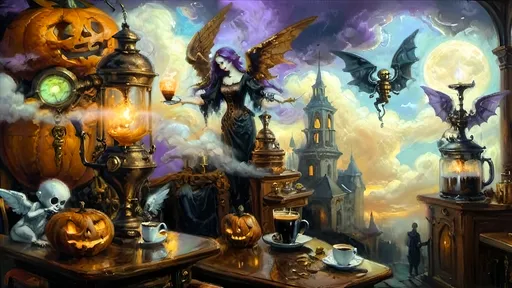 Prompt: An ethereal steampunk coffee bistro in the clouds at twilight, with angels and celestial figures serving coffee. The bistro is adorned with mechanical steampunk elements like antique bronze and copper gradients, along with silver and gold accents. The atmosphere is dreamlike and heavenly, with Halloween elements such as glowing jack-o’-lanterns, phantoms, and eerie Victorian attire. Gothic spires and shadowy ruins appear in the misty landscape, illuminated by stark chiaroscuro lighting. Eerie mists glow in shades of brown, purple, and green, while ornate brass carafes steam with celestial coffee. Angels with shimmering wings and macabre expressions serve patrons under a sky painted in lavender and soft blues. The flooring is made of glowing clouds, and the bistro furniture is airy and translucent, creating a haunting yet serene ambiance.