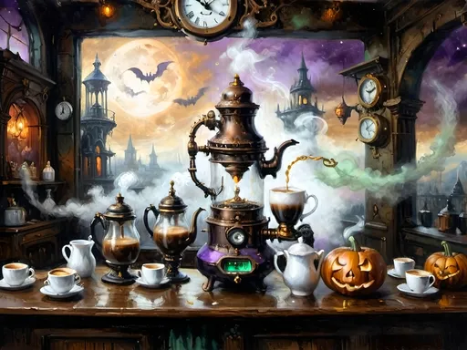 Prompt: ethereal steampunkesque coffee bistro in the clouds with angels and celestials, dreamlike atmosphere with mechanical steampunk elements, antique bronze, copper gradients, silver and gold accents. The space is heavenly and dreamlike, filled with Halloween elements like jack-o’-lanterns, phantoms, eerie Victorian attire, and a gothic twist. There are shadowy ruins and misty landscapes under stark chiaroscuro lighting, with eerie mists glowing in shades of brown, purple, and green. Celestial beings in fun macabre Victorian attire with ornate brass coffee makers and carafes add to the scene's whimsical yet haunting atmosphere.