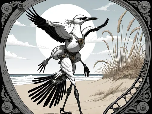 Prompt: Anthropomorphic 
Steampunkesque technology
Muscle bound seabird
---

Under morning sun,  
Seabird graces storied sands—  
Resplendent in form.

---

Elongated legs,  
Supple reeds in zephyrs’ dance—  
Sea's vast embrace calls.

---

Mischief in his eyes,  
Beachgoers’ toil unnoticed—  
Avian voyager.

---

Plumage tousled light,  
Saline breezes bring solace—  
Waves chant his essence.

---

Choreographed grace,  
Wings unfurled in ocean's song—  
Maestro of the shore.

---

Day's vibrant tableau,  
Delights of beachside revels—  
Laughter and salt tang.

---

Fellowship in skies,  
Airborne kin cavort above—  
Cerulean bond.

---

Muscle Beach's arena,  
For robust and brawny strength—  
Whimsical proscenium.

---

Stilts' realm of splendor,  
Statuesque limbs embrace waves—  
Effervescent spirit.
