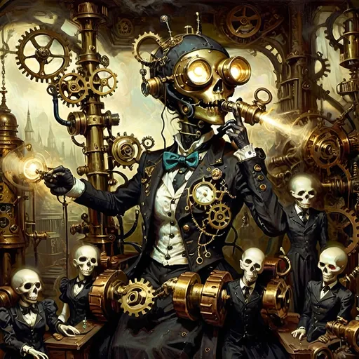 Prompt: Anthropomorphic
Sentient technological
Steampunkesque, ghoulish
In eldritch machine
Gears entwined with bone do creak
Specter of brass reigns
Blunderbuss of dread
Phosphorescent gleam ignites
Sinister light glows
Gothic spires crumble
Smoggy tendrils coil in gloom
Clockwork mists enshroud
Ethereal brass forests
Steam hums through shadows
Lanterns cast divine
Machinery’s holy light
Hope mingles with dread
Victorian cogs
Clash with demonic gears
Salvation’s struggle
Wings of copper gleam
Reach towards celestial brass
Figures in conflict
Steam-driven phantoms
Eyes aglow in iron mist
Haunt faded visions
Metal trees twist, writhe
Surreal grotesques dance, contort
Symbols darkly gleam
Mesmeric tableau
Serenity meets the void
Steampunk’s haunted grace
Warm brass kisses cold
Ominous steel’s embrace tight
Worlds in balance hang
Salvation, perdition
Machined, organic entwine
Sinisterly Gleam
Celestial gears turn
In limbo’s ethereal haze
Forests breathe in steam