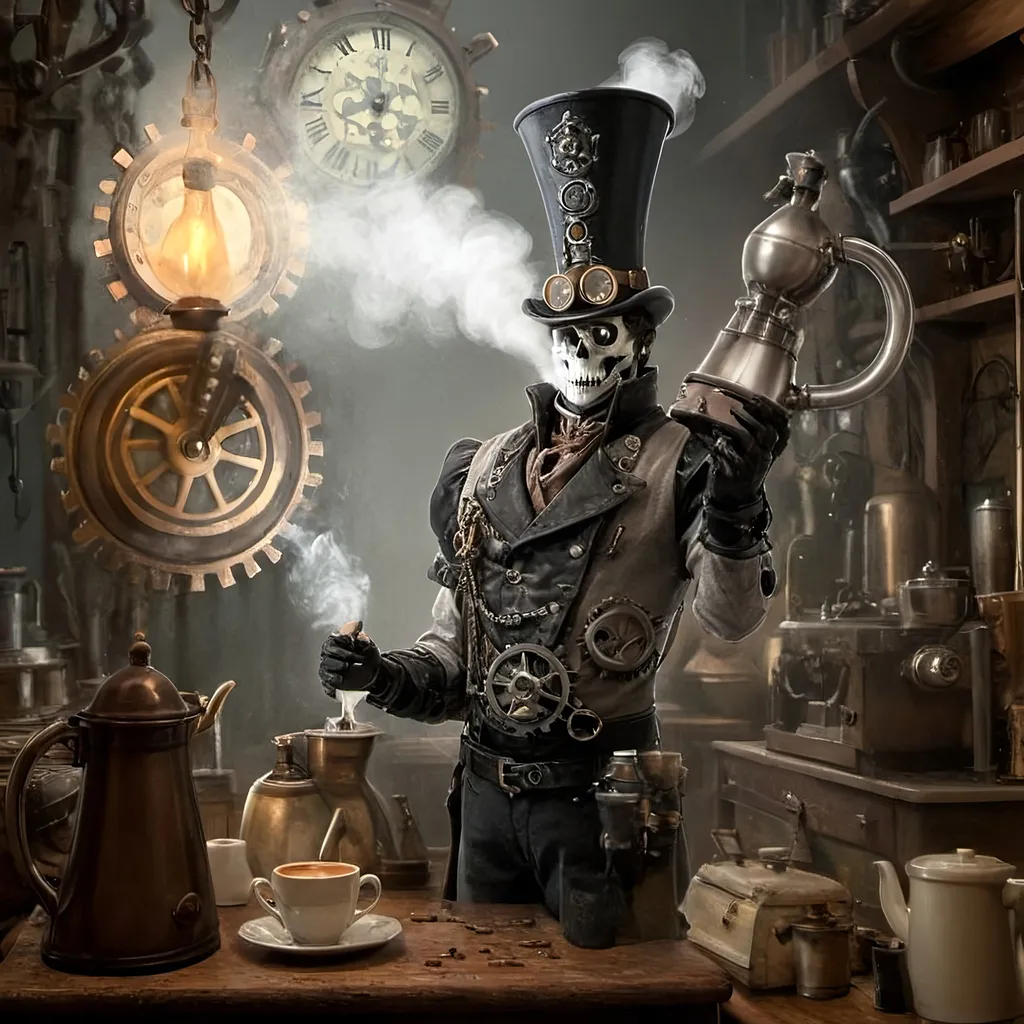 Prompt: In a realm where shadows swirl like tendrils of forgotten tales, a figure stands tall amidst the clatter of machinery and the whisper of steam. This figure is not of battles and realms, but of coffee and dreams. Enter our hero, not with sword in hand but with a steaming carafe, a barista of finesse and a steampunkesque coffeemaker that hums with mechanical precision.
In this surreal tapestry of bones and gears, where the aroma of freshly ground beans mingles with the scent of aged metal, the hero weaves a tale not of conquest, but of creation. With each carefully crafted cup, each swirl of tastefully engineered foam, the hero challenges not the throne, but the very essence of tradition and innovation.
Picture this scene: an ornate coffee carafe, adorned with intricate engravings that tell stories of old, a steaming styled foam rising like the curls of forgotten whispers, and a barista whose hands move with the grace of a master artisan. As the hero brews a blend that transcends time and taste, he becomes a catalyst for change in a world where coffee is not just a drink, but a symbol of unity and progress.
So, amidst this steampunkesque backdrop of clinking chains and whirring cogs, our hero stands not as a warrior, but as a champion of caffeinated dreams, ready to stir hearts and awaken minds to the possibilities that lie beyond the realm of bones and machinery. In this tale of triumph and transformation, the hero's destiny is not to conquer, but to inspire a new era where the art of coffee-making is as revered as the most epic of legends.