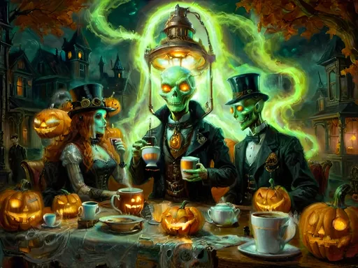 Prompt: A steampunk anthropomorphic alien hosting a midnight coffee party, set under the glowing gaze of hovering jack-o’-lanterns, enveloped in ethereal steam. The scene merges Victorian elegance with mechanical ingenuity, where ghostly guests with spectral visages sip coffee from brass cups. Flickering shadows are cast by distant ruins, and glowing mist curls at the guests' feet. The sound of unseen gears ticking rhythmically fills the air, creating an eerie yet refined atmosphere. The overall scene is a surreal tableau, blending tradition with futuristic artistry, where every element tells a story, from the steampunk decorations to the glowing jack-o’-lanterns, combining Halloween and steampunk aesthetics in a dreamlike setting.