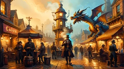 Prompt: A fantasy steampunk market square at dawn, softly illuminated by warm gaslight. Steam and fog swirl around the 'Drag’n Mondays' coffee bistro, with ornate antique bronze and copper carafes Townsfolk in leather outfits adorned with brass gears walk through the misty streets. Felix, in a leather vest and brass-tinted Doc Martens, adjusts his brass goggles, bathed in an ethereal glow. Overhead, a translucent blue and copper spectral dragon serves as a barista, breathing glowing mist.. Luciferin-glowing flowers dot the scene, set against soft pastels and warm gaslight hues, with chiaroscuro lighting creating dreamy depth.