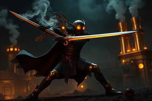 Prompt: A dynamically dramatic steampunk scene featuring an anthropomorphic Bal-Bal as an Italian ghoul prince on a battlefield, with a strong emphasis on chiaroscuro lighting. The scene showcases the interplay of light and shadow, creating cinematic depth with soft halos and shadowy edges. The prince is in elegant combat with a Rapier, moving fluidly and gracefully like a dancer, dodging an attack from a zombie-like automated guard. He wields a blunderbuss with finesse, his luciferin eyes glowing with sharp intellect. Brass and copper armor gleams on his form, surrounded by delicate halos. Intricate mechanical elements like gears and pistons subtly move around him. The background is a velvety night, with glowing steam rising from brass chimneys, adding an ethereal, dreamlike quality. An automaton with glowing orange goggles is a central focus, its reflective surface enhancing the light in the scene. The overall mood is mystical and reflective, highlighting the duality of light and dark in this steampunk realm.