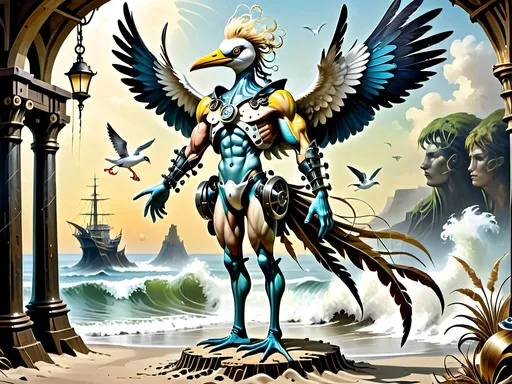 Prompt: Anthropomorphic 
Steampunkesque technology
Muscle bound seabird
---

Under morning sun,  
Seabird graces storied sands—  
Resplendent in form.

---

Elongated legs,  
Supple reeds in zephyrs’ dance—  
Sea's vast embrace calls.

---

Mischief in his eyes,  
Beachgoers’ toil unnoticed—  
Avian voyager.

---

Plumage tousled light,  
Saline breezes bring solace—  
Waves chant his essence.

---

Choreographed grace,  
Wings unfurled in ocean's song—  
Maestro of the shore.

---

Day's vibrant tableau,  
Delights of beachside revels—  
Laughter and salt tang.

---

Fellowship in skies,  
Airborne kin cavort above—  
Cerulean bond.

---

Muscle Beach's arena,  
For robust and brawny strength—  
Whimsical proscenium.

---

Stilts' realm of splendor,  
Statuesque limbs embrace waves—  
Effervescent spirit.
