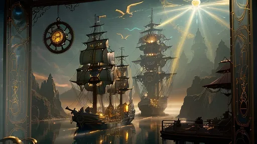 Prompt: A serene scene with glowing motifs and an otherworldly effect, rendered in the style of fountain pen ink, inspired by steampunkesque luciferin powered and illustrated. The scene depicts an exultant dawn breaking with a lucent glow anointing the sky. A pirate ship known as 'fools’ airborne vessel' ascends in a steampunk reverie, with clockwork jesters frolicking near a Rube Goldberg coffee device on deck. Soft gradients blend acrylic colors of bronze, baby blues, and gold, as the airship’s spectral hues glow. Luciferin light and translucent magic weave through the air with ethereal mist. Pistons hum in sync as gears and cogs glide in motion, demonstrating machination’s grace. Lens flares gently bloom, and expansive light shapes the scene, with softly glowing edges. Phong shading gives a touch of realism within the dreamlike haze, while soft blurs and ample negative space breathe life into the scene. Metallic whispers of gold add a sense of luxury as the ship sails through the dreaming steampunk sky, with fools in dawn’s embrace.Chiaroscuro effecits