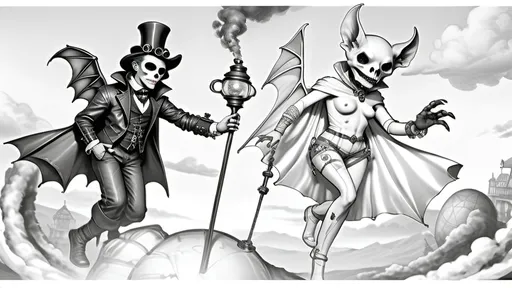 Prompt: Within arcane realms,  
Anthropomorphic bat-bodied figures glide,  
Unfurled wings sweeping through twilight skies.  
In the heart of the commune, amidst steampunk wonders,  
Three skeletal bat boys embark on a daring adventure.
Clutching a crystal ball with bat hands
Its vivid world encapsulated within,  
A steampunk elder reflects,  
Embracing the ethereal with knowing eyes.  
Trompe L'oeil’s whispered spell,  
Warlock's alchemy, and ancient intrigues guide them. Prehensile devil fleshy arrowhead shaped tail tips
Luciferin hues dance in the air,  
Psychedelic flames casting an otherworldly glow,  
Smoke weaving mystical tales of yore.  
The boys, undeterred, stop and have full steampunk coffee service, milk art coffee break,  move forward,  
Their high-top sneakers, a blend of leather and copper,  
Pounding the rugged terrain with determined strides.
Amidst the expansive panorama,  
Nature's flame essence glows,  
Revealing the fantasy world unfolding.  
Each step brings new perils,  
Each flutter of their wings a brush with fate.
High above, the stars bear silent witness,  
To their bravery and camaraderie,  
In the face of overwhelming odds.  
Bound by duty and a brotherhood unspoken,  
They carve their path through the heart of the commune,  
Their journey just beginning in this steampunked twilight.
With enhanced fingers tracing ancient maps,  
Expressive eyes searching for the next clue,  
They press forward into the unknown,  
Their bond a beacon in a world fraught with danger.  
Through the shimmering veil of smoke and flame,  
The adventure of three bat boys,  
Against all odds,  
Continues into the night.