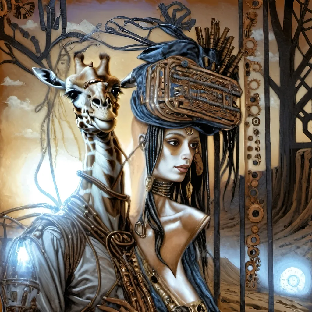 Prompt: 
Steampunkesque Egypt
Pharaoh's clothes leather, copper
Whimsy intertwines
Tween giraffe adorned
Bandages of azure hue
Ancient light aglow
Anthropomorphic  
War accouterments resplend
posing human like
Poses of the past
Giraffe mimics ancient kings
Royal court reborn
Technological
Steampunk dreams in desert's heart
Civilization thrives
Pharaoh’s court in dusk
Tween giraffe stands tall and proud
Steampunk Egypt breathes
Copper gears whirr soft
Ornate brew, amber light gleams
Mug of pharaoh's dream