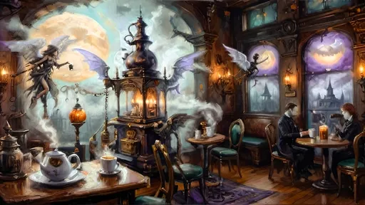 Prompt: An ethereal steampunk coffee bistro in the clouds at twilight, with angels and celestial figures serving coffee. Patrons bustling.  The bistro is adorned with mechanical steampunk elements like antique bronze and copper gradients, along with silver and gold accents. The atmosphere is dreamlike and heavenly, with Halloween elements such as glowing jack-o’-lanterns, phantoms, and eerie Victorian attire. Gothic spires and shadowy ruins appear in the misty landscape, illuminated by stark chiaroscuro lighting. Eerie mists glow in shades of brown, purple, and green, while ornate brass carafes steam with celestial coffee. Angels with shimmering wings and macabre expressions serve patrons under a sky painted in lavender and soft blues. The flooring is made of glowing clouds, and the bistro furniture is airy and translucent, creating a haunting yet serene ambiance.